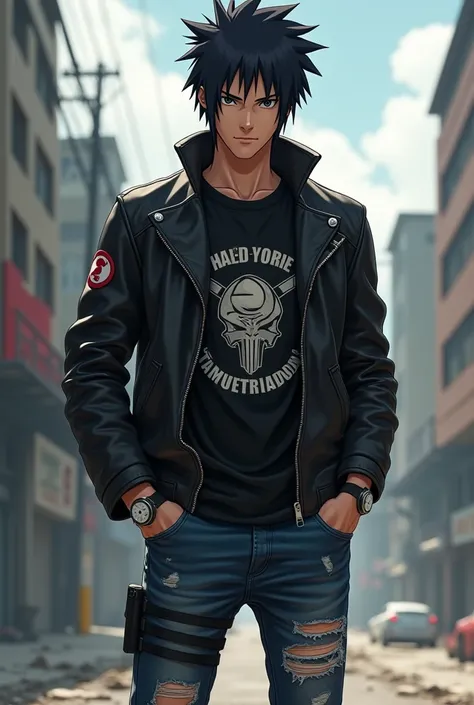 Create the Naruto character Sasuke with a streetwear-style outfit 