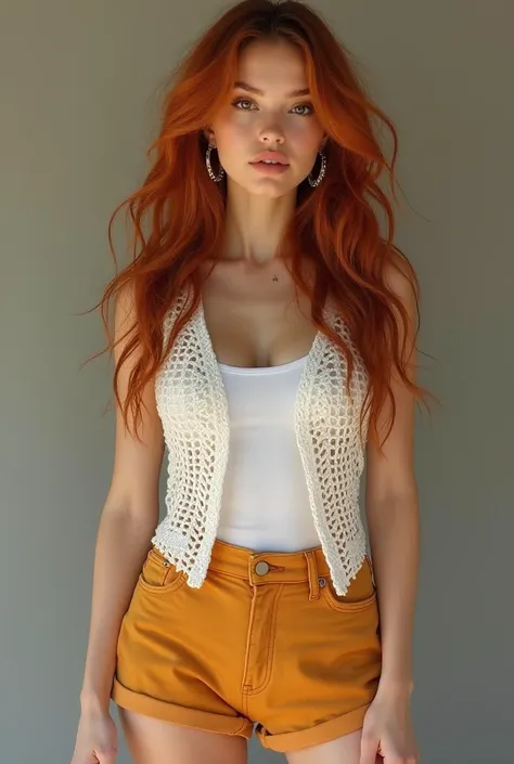 She must be a realistic woman with white skin and dark brown eyes she must have long caramel red wavy hair and she must wear a white crochet vest and a white tank top and burnt yellow short shorts and silver hoop earrings she must have her hand on her shou...