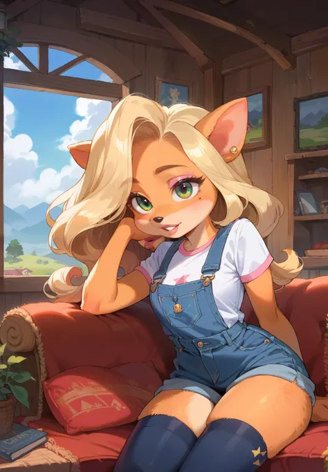 source_furry, BREAK, furry, anthro, detailed face eyes and fur, 1girl, Tawna Bandicoot, parted lips, thigh highs, sitting on a couch, sexy pose, lustful, BREAK, night time, mountain cottage, cinematic lighting,