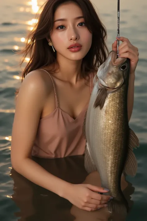 1woman, in the sea, She is catching a big fish with a fishing rod. She wears a swim suit, full body shot, beautiful detailed eyes, beautiful detailed lips, extremely detailed face, long eyelashes,(anatomically correct), photorealistic, hyper detailed,32k,r...