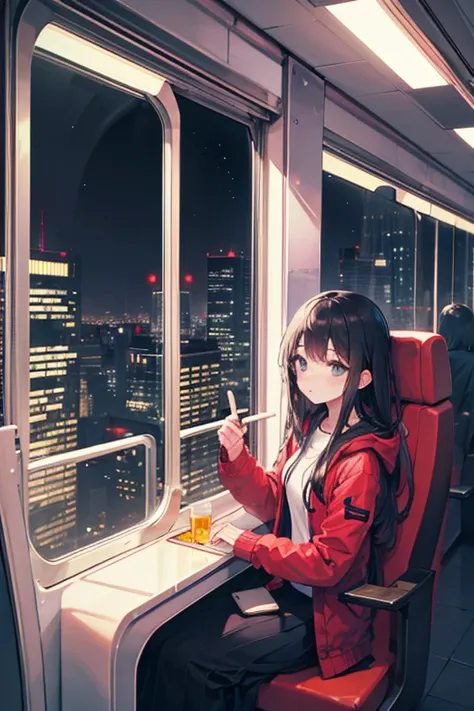   attention to detail ,  Super Detail,  ultra high resolution, The girl on the train ,  long skirt, Relaxed parka,  long hair, Hair color is white, She's sitting on a train chair , Late Night,  midnight, Cityscape, A row of skyscrapers, I can see the full ...