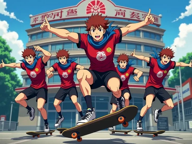 image fixe 
dans les rue de inazuma city 
5 garçon musclé cheveux herisssé brun
et rouge yeux ecarlate stylé artificiel avec une echarpe bleu autours de leurs cou.avec leurs maillot de foot rouge et noir de l'equipe Dakonshi gakuen avec des marque de drago...