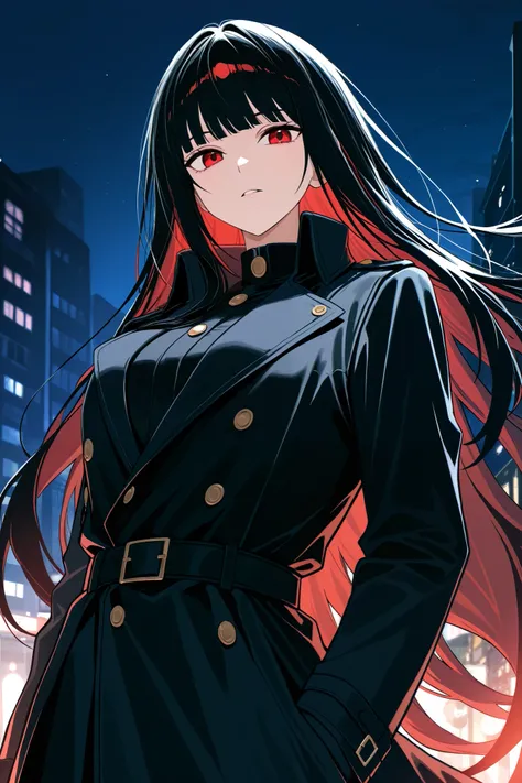 Anime character, long black hair, black trench coat, black clothes, red eyes, cool woman, night scene detective