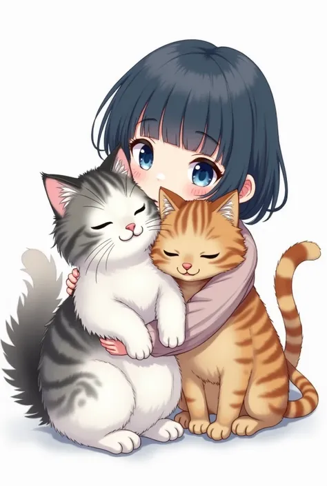 Draw a blue-haired, white-skinned girl with black hair with bangs hugging a long-haired, white-patterned Turkish Angora cat with short hair and a brown cat with Korean shorthair and a brown cat with short hair mackerel stripes in a square ratio with a whit...