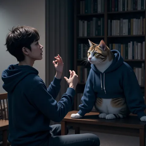 Imagine a slightly plump Munchkin cat with a dark brown tiger-patterned and white pattern. A Japanese man with messy hair, wearing a blue hoodie and black jeans, enters a pitch-black room and tries to touch the light switch. The cat sits on a bookshelf in ...