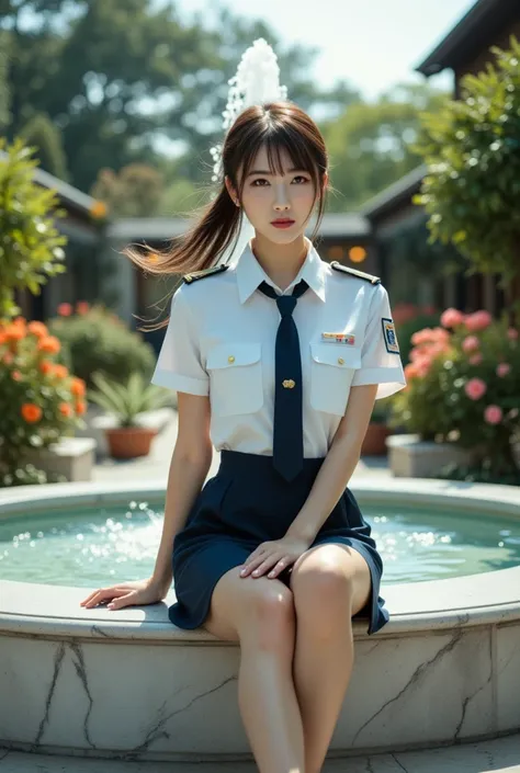 high definition, super detailed, live shooting, real, very delicate and beautiful, 1 Female, Solo, full shot, Ceiling from below, Sexy beautiful Japanese woman, a self defense officer uniform, wearing a white short-sleeved shirts, navy blue tie, navy blue ...