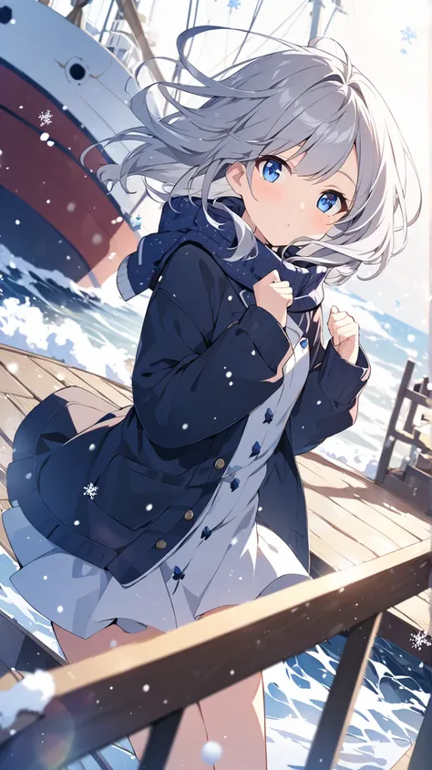  ship deck、sea、winter、 It's snowing、 1 girl,  look,  blue eyes、Grey Hair、 medium hair, How hair flutters in the wind、 widescreen,  wide angle shot,  background blur,  lens flare, 