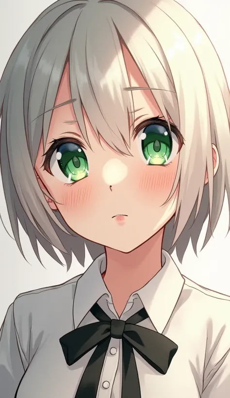  A woman with beautiful green eyes, She was a white woman , with short hair and had a dark ribbon .  He looked like a puppy with his big eyes and had a cute appearance in general, with a confused face in anime style 