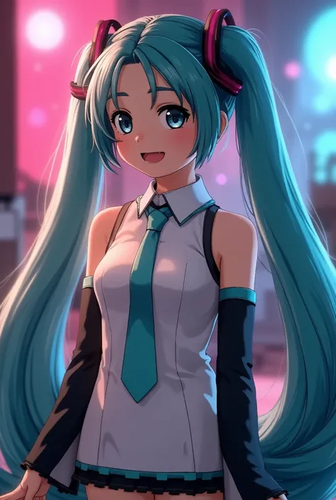 (Masterpiece、 top quality、 top quality、 official art、  beautiful and beautiful  :1.2)、( one girl:1.3) Hatsune Miku、 twin tails, beautiful breasts, professional fashion model,  model photo shoot ,  dynamic perspective , Attractive and unexpected angles ,  p...