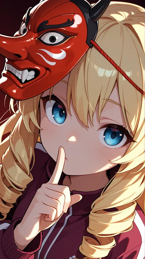 ultra-detailed, detailed face, close-up portrait, BREAK focus on face, dynamic angle, dutch angle shot, (looking at viewer), 

Solo, Drill Hair, blonde, Long Hair, a girl, blue eyes, slant eyes, narrow eyes, face on tengu mask, wearing maroon long sleeves ...