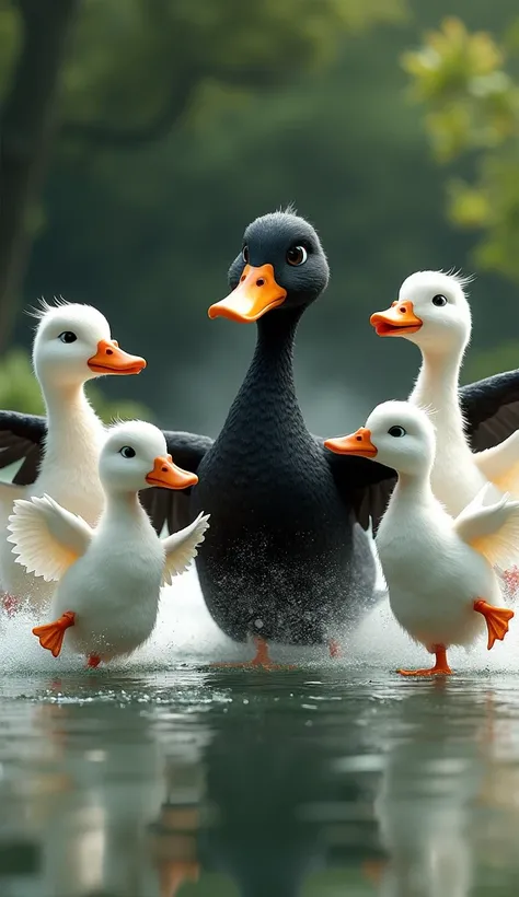 
Create a image in Which the 4 white Small rens of duck are beating the black ren of duck