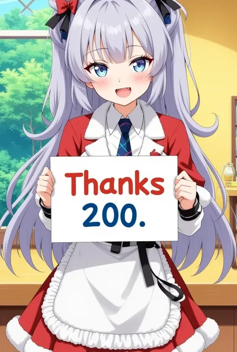  cute,An animated illustration of a smiling woman is holding up a sign with , Silver Hair， blue eyes， I'm putting up a sign with text」Thanks 200.「 stylish font  , colorful background,  Cheerful Yale Mugs  , detailed character design, vibrant colors