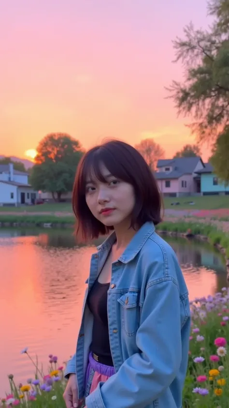 a women with medium bob cut dark brown hair with side swept bangs, contemplative expression,  standing by a tranquil lake at sunset.  Pastel pink, orange, and blue hues dominate the scenery.  The girl, likely Asian,  is 20-25, sports a thoughtful expressio...