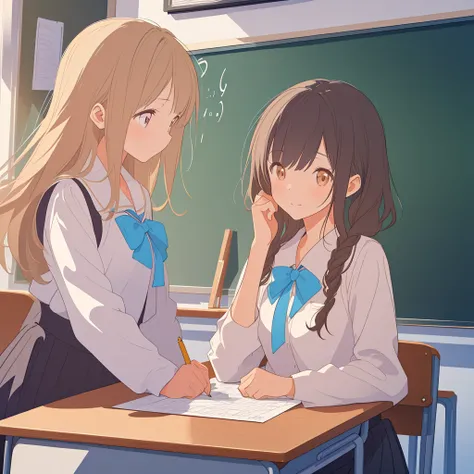 (((masterpiece))), (((best quality))), ((ultra-detailed)), ((best illustration)),2girls 1boy classroom teacher student talking asking questions answering blackboard complex equations symbols