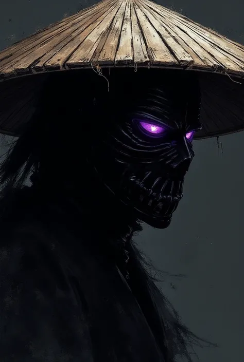 A purple glowing eyes ink art masked samurai with a straw hat, close up on face, ink art, profile picture