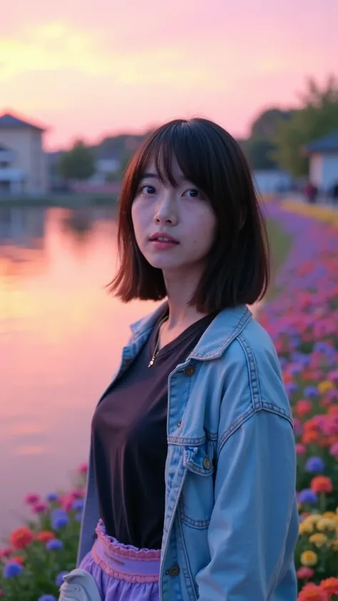 a women with medium bob cut dark brown hair with side swept bangs, contemplative expression,  standing by a tranquil lake at sunset.  Pastel pink, orange, and blue hues dominate the scenery.  The girl, likely Asian,  is 20-25, sports a thoughtful expressio...