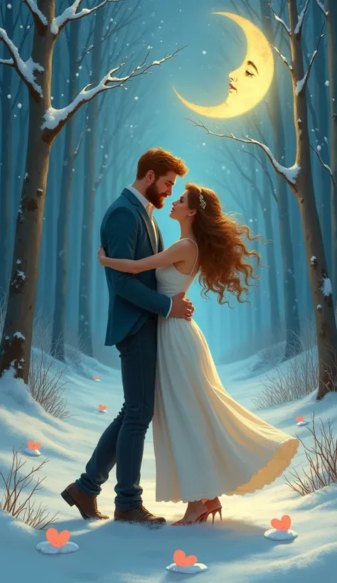 A romantically involved Caucasian couple, with the man featuring a strawberry blonde beard and the woman, with her curly light brown hair, wearing a flowy dress. They are immersed in a graceful dance under a moonlit sky, where a crescent moon with a face p...