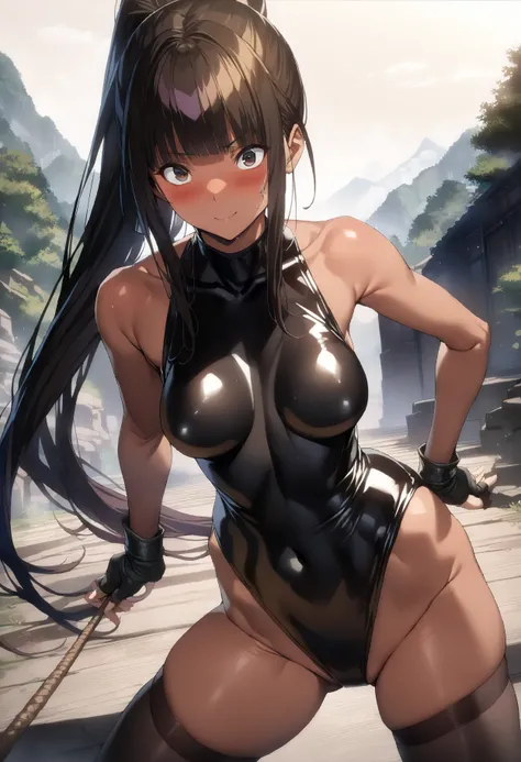 Action Scenes、(A battle between a woman and a female demon),((masterpiece,best quality anime,Highest quality:1.3)),realistic,cowboy shot,(25 year old beauty),female ninja,1woman,solo,((very small head:1.4)),((very long body:1.3)),black hair,bangs,(long pon...