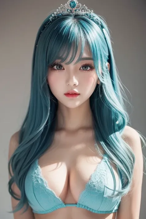   light blue hair with a slender body , Turquoise Eye,  has long eyelashes, Big Red Lips,  apricot eyes,  beauty,  Girly , Curly Hair,  princess