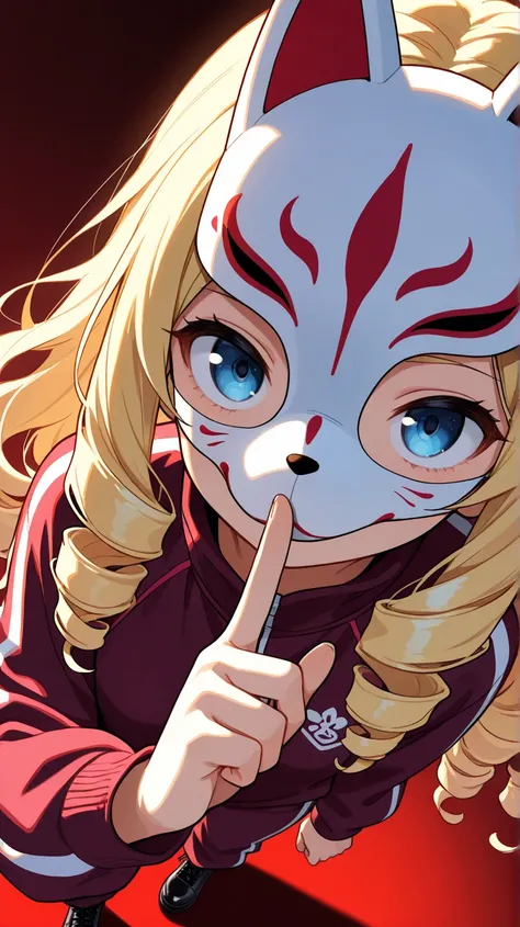 ultra-detailed, detailed face, close-up portrait, BREAK focus on face, dynamic angle, dutch angle shot, (looking at viewer), 

Solo, Drill Hair, blonde, Long Hair, a girl, blue eyes, slant eyes, narrow eyes, face on white fox mask, wearing maroon long slee...