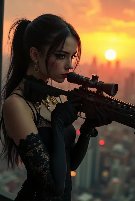 Cute goth girl with a sniper rifle,  big city, sunset 