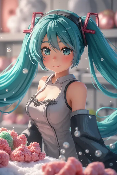 (Masterpiece、 top quality、 top quality、 official art、  beautiful and beautiful  :1.2)、( one girl:1.3) Hatsune Miku、 twin tails, beautiful breasts, professional fashion model, モデル photos撮影,  dynamic perspective , Attractive and unexpected angles ,  professi...