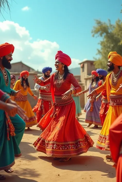 Create an image of a lively Bhangra dance celebration in a vibrant village in Punjab. The scene should capture energetic dancers in traditional attire, such as colorful turbans, kurtas, and dupattas, performing Bhangra moves with joy and passion. The backg...