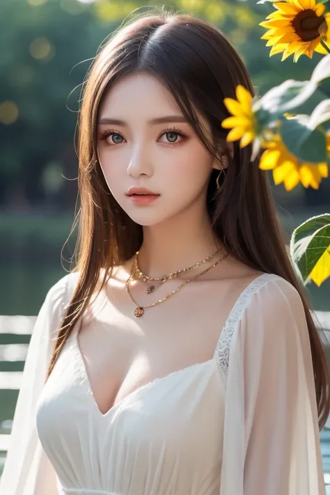 (  Absurdly ,  High Quality  ,  ULTRA DETAIL ) ,( Handmade ) ,  1 girl, Alone,  mature,   very long hair , Sunflower Hair ,  beautiful crystal eyes  ( Eye details ) Baroque,  necklace,  long dress ,  Long Sleeve ,  elegant ,  colorful ,  Best Details ,  up...