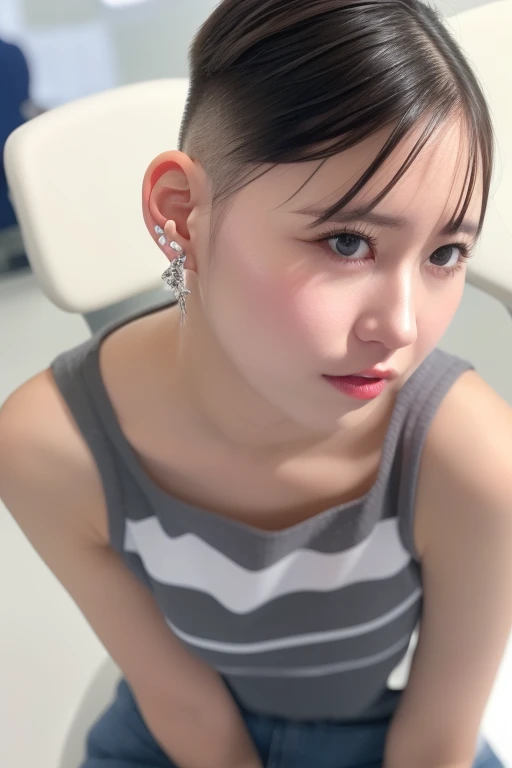  Contact sheet with 4 images of a woman "Yukirinu/ ゆきりぬ", preparing for the haircut, Sad super super short Spiky buzzcut with a "High fade" undercut and a side shave, cropped hair, very extreme short hair, sides skin, skin undercut neck, sitting in a barbe...