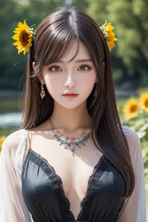 (  Absurdly ,  High Quality  ,  ULTRA DETAIL ) ,( Handmade ) ,  1 girl, Alone,  mature,   very long hair , Sunflower Hair ,  beautiful crystal eyes  ( Eye details ) Baroque,  necklace,  long dress ,  Long Sleeve ,  elegant ,  colorful ,  Best Details ,  up...