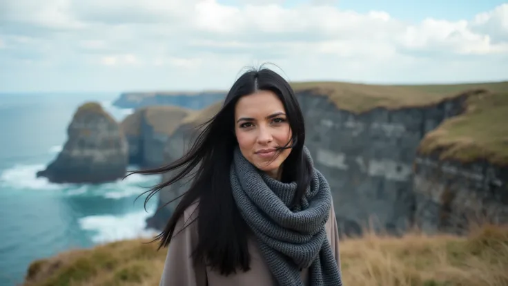 A serene scene of a woman standing near a dramatic coastline, with rugged cliffs and a vast ocean stretching into the horizon. The woman, with black hair flowing in the wind, wears a thick scarf and a coat, the natural beauty around her. The sky is partly ...