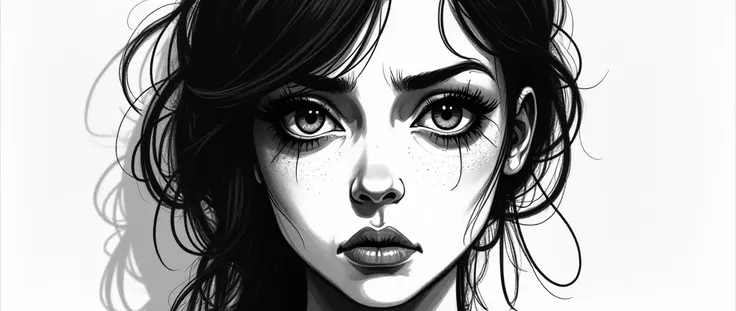 This is a black and white drawing of a sad woman's, rendered in a stylized, expressive manner using ink. The artwork is done in a contemporary, illustrative style with a focus on line work. The face is shown in close-up, with the eyes and nose being the mo...