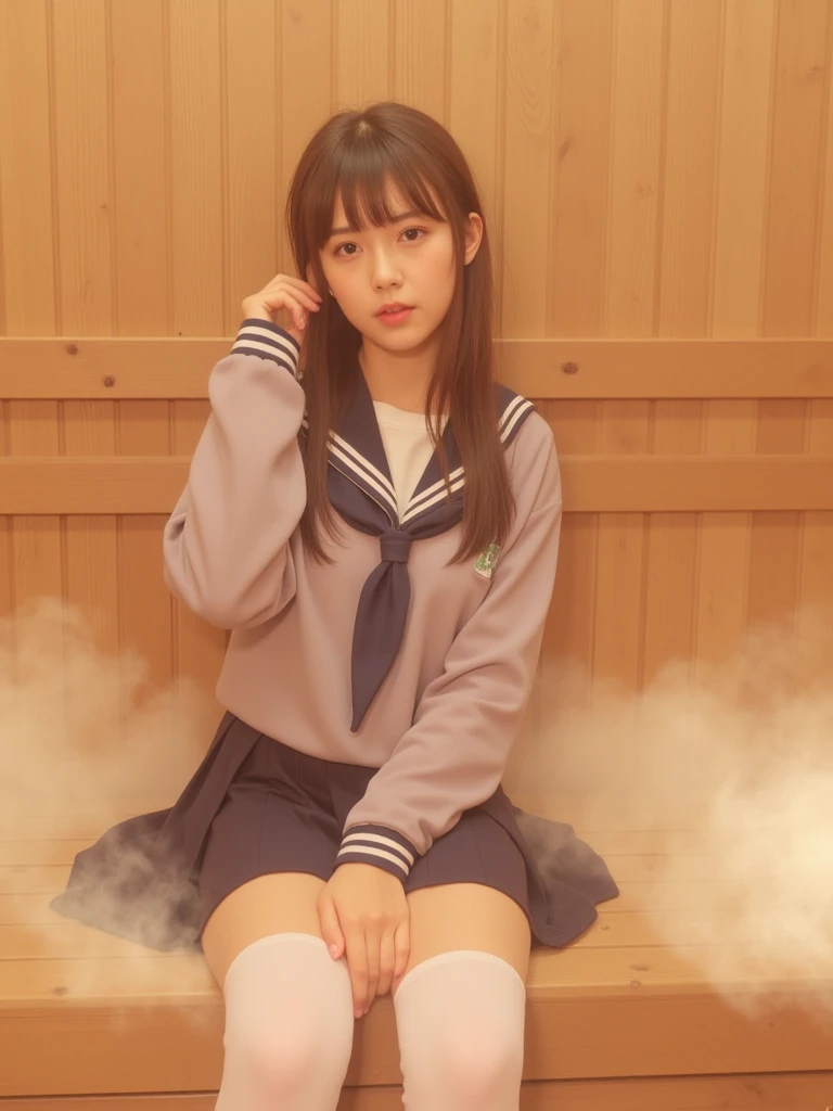 Cute adult girl、white thigh high socks
long sleeve uniform、 skirt、

sauna
