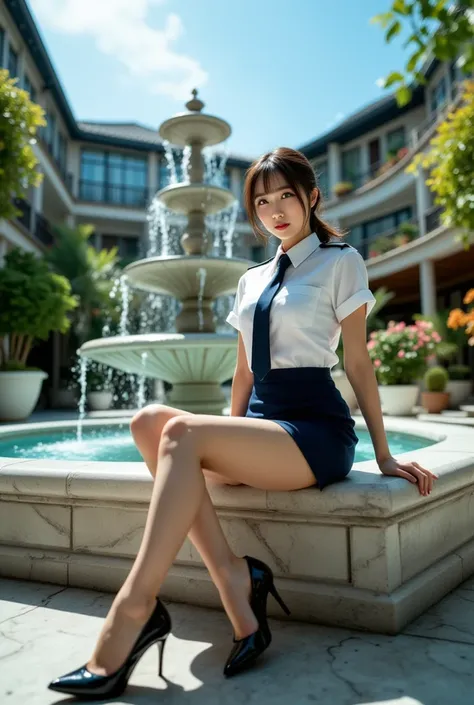 high definition, super detailed, live shooting, real, very delicate and beautiful, 1 Female, Solo, full shot, Ceiling from below, Sexy beautiful Japanese woman, a self defense officer uniform, wearing a white short-sleeved shirts, navy blue tie, navy blue ...