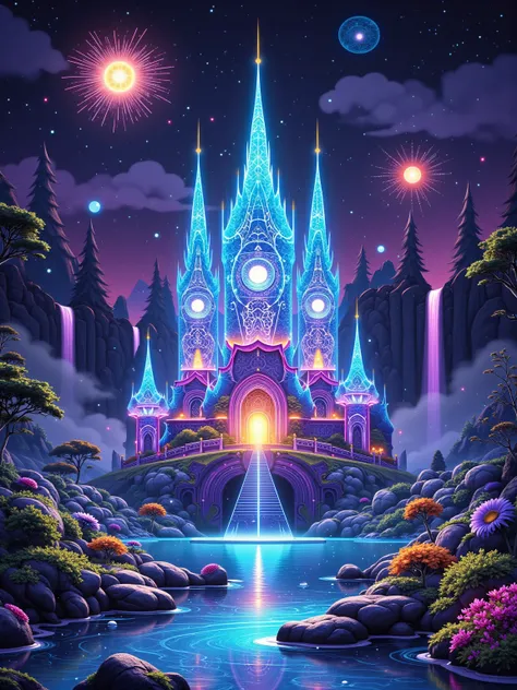 (Neon), Circuit Board, (moon:1.5), (Bubbles), (fireworks:1.5), Dreams, (Psychedelic), (Neon light), (A peaceful and magical dream castle), In this vibrant, Charming surroundings, center, A dreamy and majestic castle, Central Lake, Surrounded by a variety o...