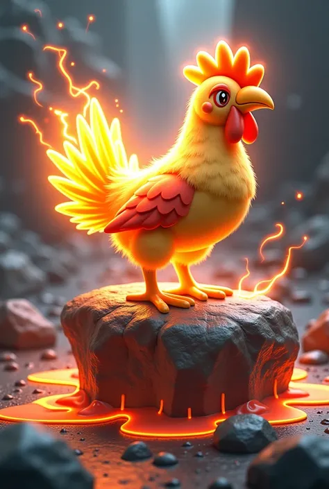 Un Pokémon de type feu et électrique ressemblant à un poulet en train de cracher du feu sur un caillou. Le caillou fond a cause de la chaleur.