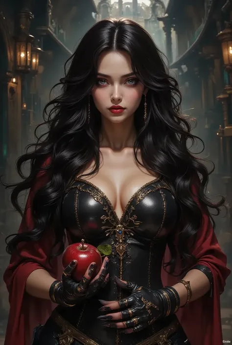 1girl,beautiful detailed eyes,beautiful detailed lips,extremely detailed face and portrait,long black hair,black queen,elegant accessories,red apple in hand,poison apples,witch queen,red lipstick,(best quality,4k,8k,highres,masterpiece:1.2),ultra-detailed,...