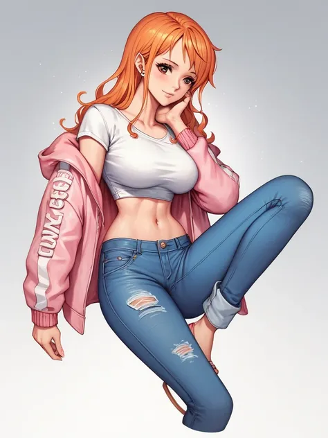 nami , ((wedding white crop tshirt, crop pink jacket, blue jeans shorts)) large round breasts , clevage,navel, long hairs, seducing, hourglass body,   High Resolution, HD, Textured Skin, full body image, one hand on neck, highly detailed image