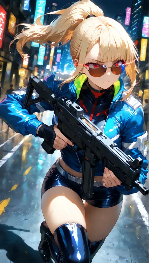 Commemorative photo of a girl,1person,JK,gals,blue leather jaket,blue latex shorts,biker boots,finger less grove,sunglasses,serious,close mouth,Light and Shadow with Attention to Details,Soft focus,Background Blur,anime style,anime paint,(top quality:1.2,4...