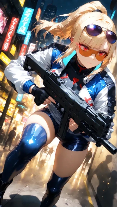 Commemorative photo of a girl,1person,JK,gals,blue leather jaket,blue latex shorts,biker boots,finger less grove,sunglasses,serious,close mouth,Light and Shadow with Attention to Details,Soft focus,Background Blur,anime style,anime paint,(top quality:1.2,4...