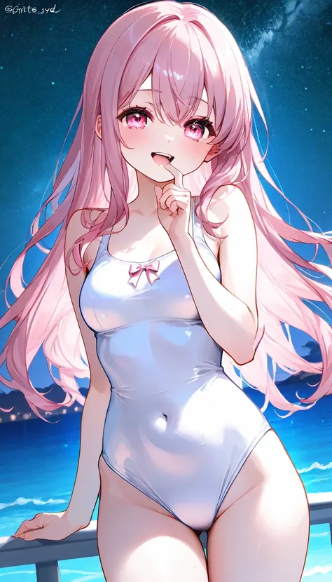 (night、 starry sky 、Seaside)、((  1 female ))、((White sexy swimsuit))、 ( pink hair with crotch)、 Masterpiece、  high resolution、  high quality 、32K、 (  delicate eye description  )、( open your mouth、smile、 Cute Poses)