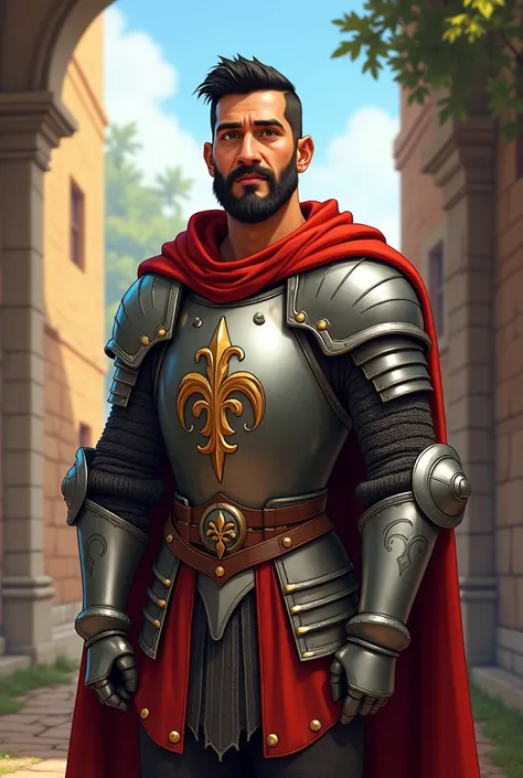 Brazilian cartoon man, 35 years old, high,  very short black hair ,  with a beard,  brown eyes,  slightly large nose , a little strong, wearing medieval armor