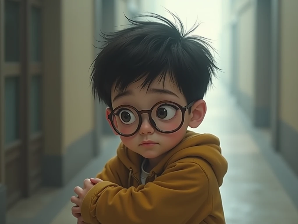 Boy with 10 with round glasses, feeling very full-body shy