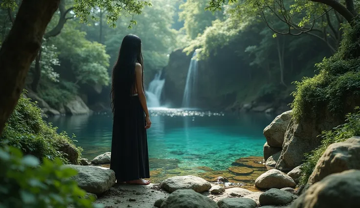 .  It was a small, secluded pool, surrounded by moss-covered stones.  Elara a young girl around   with long black heir wearing black surt and white pent
 carefully made a wish, her heart filled with hope