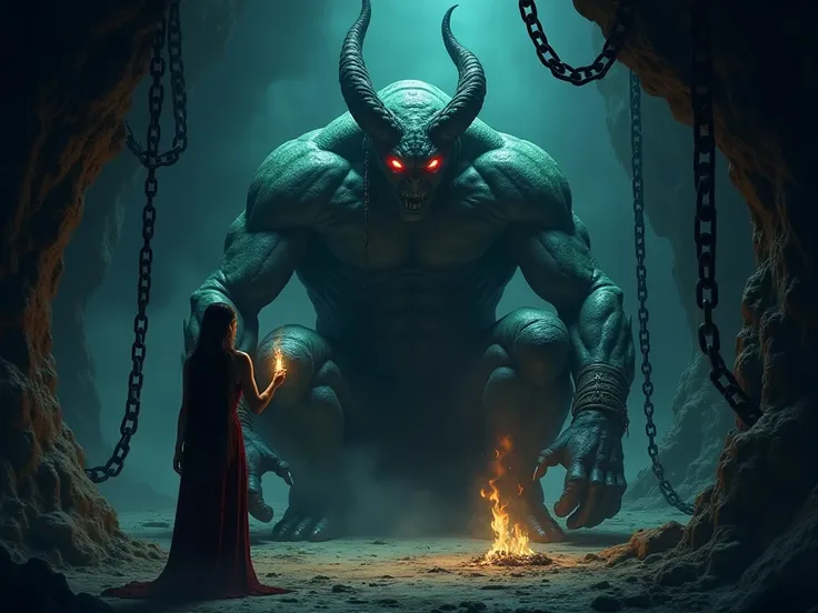 5. The Captive Djinn in Chains

Prompt: Inside the dimly lit cave, a gigantic and powerful djinn with glowing red eyes sits bound in heavy iron chains. His muscular form and ghostly aura make him look both menacing and sorrowful. Queen Vasanti stands befor...