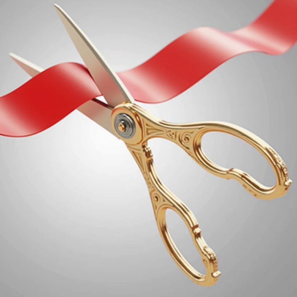 
Gold scissors, cut the ribbon 