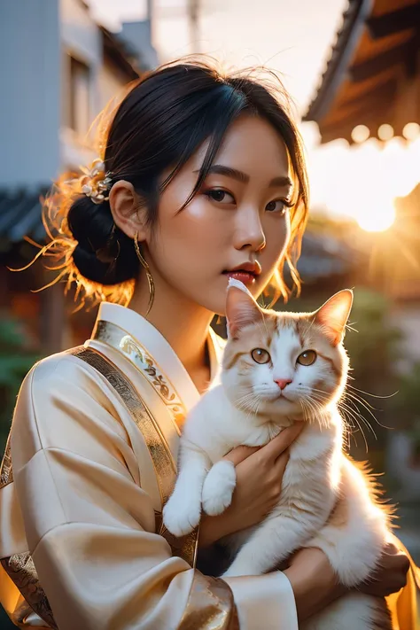 picture of asian girl with a cat, Canon R5, 50 mm, DSLR, golden hour, Glamour Shot, dreamy elegant pose, wearing traditional asian style, photorealistic, designed by kelogsloops, loish, rhads, makoto shinkai and lois van baarle, ilya kuvshinov, rossdraws, ...