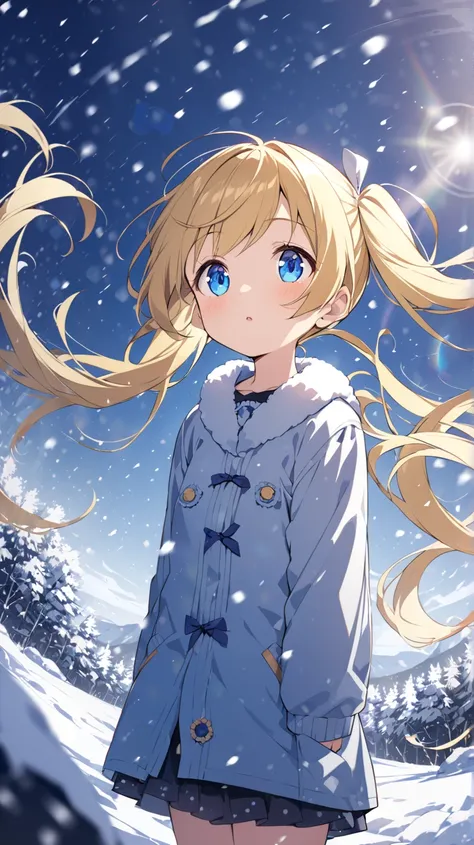 Deep Valley、The bottom of the valley、winter、Snowstorm、 1 girl,  look,  blue eyes,  blonde,  twin tails, How hair flutters in the wind、Looking up、 widescreen,  wide angle shot,  background blur,  lens flare, 