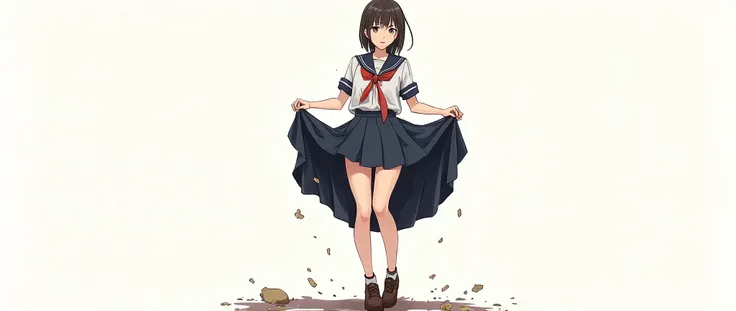  an embarrassed girl in uniform raising her skirt、 open legs、A rip in a long skirt 、 grabs a long skirt 、 change clothes、  full body view、Raise one knee 、 disheveled clothes、perfect body、 low angle、 underwear can be seen through the gap between the crotche...