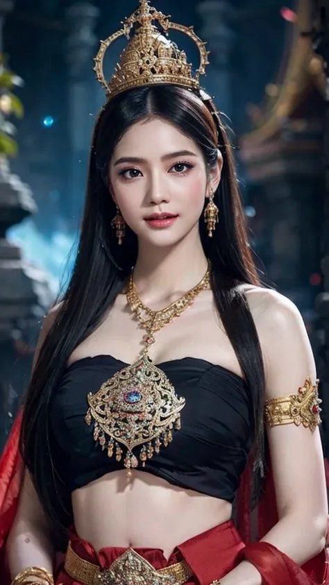 Superb details, Realistic, goddess, Beautiful eyes and details, Beautiful and detailed lips, big , Flowing black hair, Smiles, sparkling decorations,(Thai dress) (Fluke set - tube top) red dress, accessories such as necklaces, bracelets, crowns, belts, det...